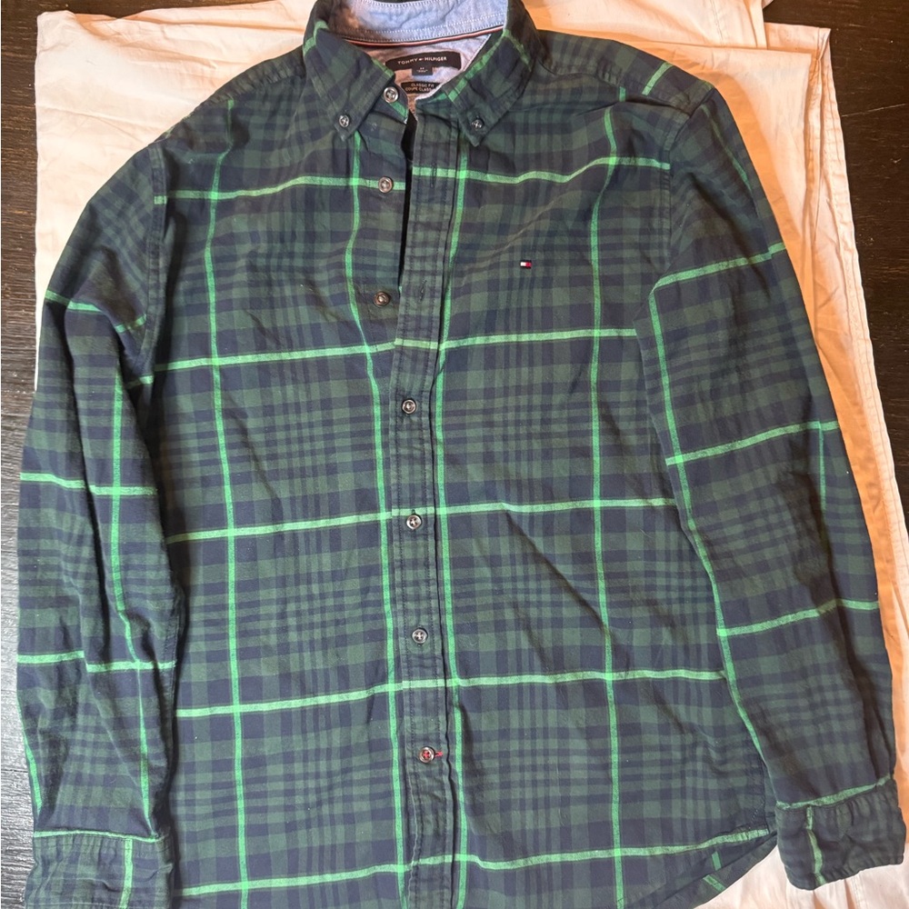 Tommy Hilfiger Men's Navy and Green Check Shirt size M classic casual stylish - Picture 9 of 11